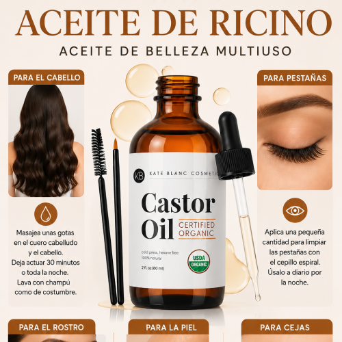 Aceite de Castor Oil Orgánico Premium – 100% Puro, Prensado en Frío para Cabello, Pestañas, Cejas y Piel, Estreñimiento